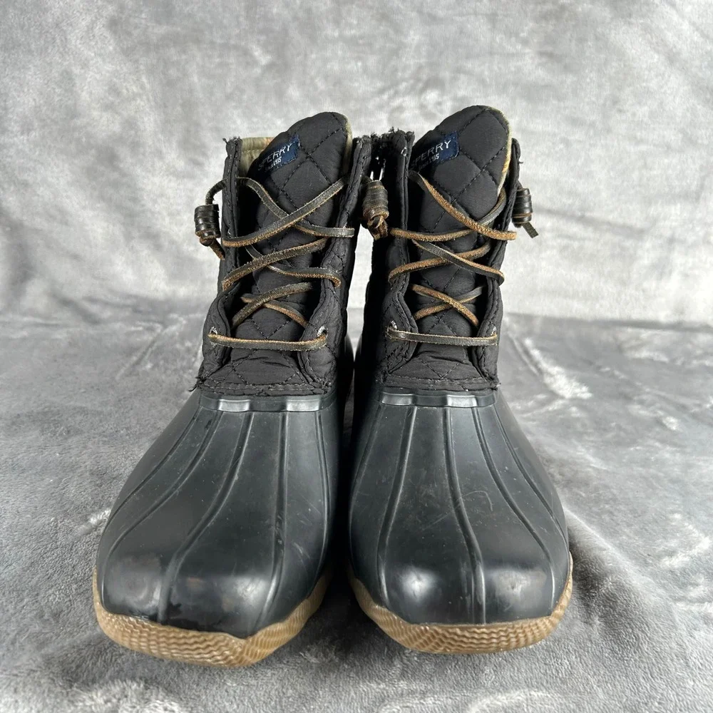 Sperry Saltwater Quilted Duck Boots Black Rubber Floral Lining STS94063 Size 8